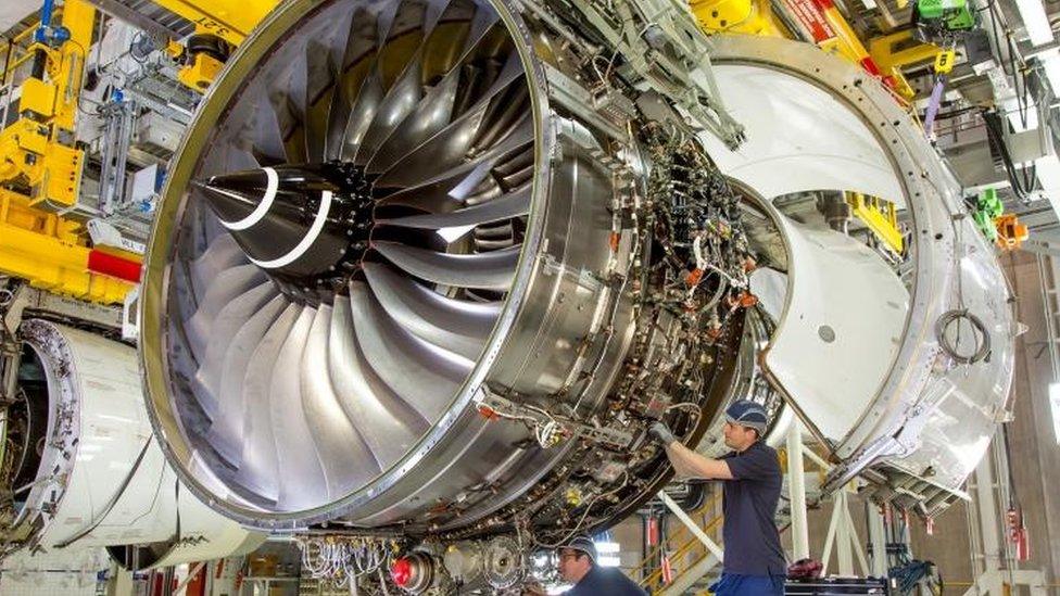 Work being carried out on a Rolls-Royce Trent engine