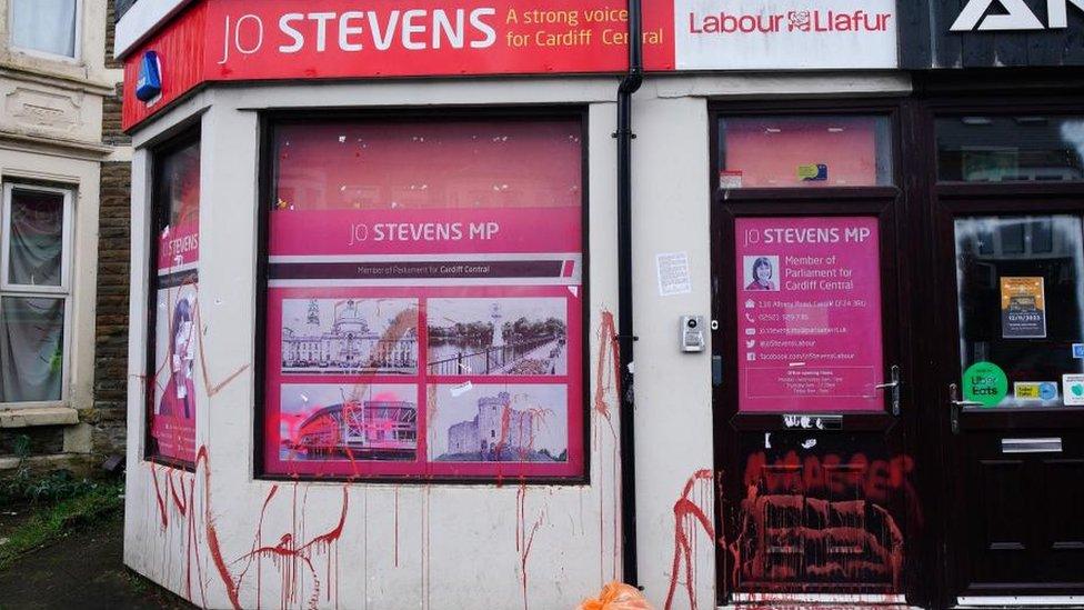 The vandalised office of Jo Stevens MP