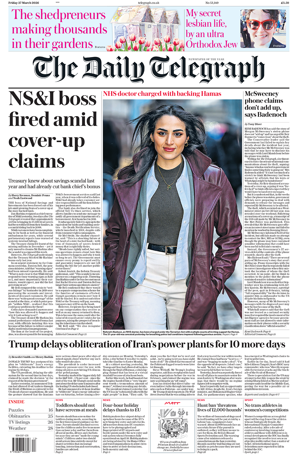 "Shefi i NS&I u pushua nga puna mes pretendimeve për mbulim të ngjarjeve", shkruhet në titullin kryesor në faqen e parë të Daily Telegraph.