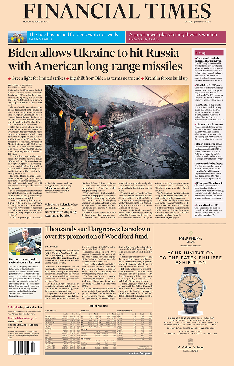 Financial Times headline reads: "Biden allows Ukraine to hit Russia with American long-range missiles"