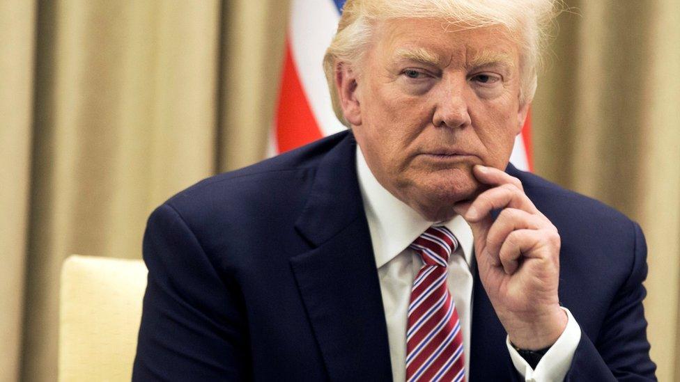 US President Donald Trump gestures during his meeting with Israeli President