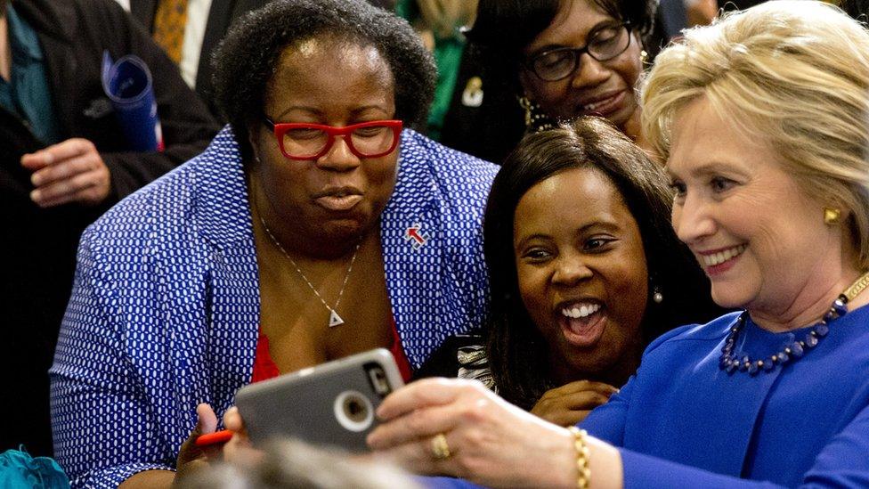 Hillary Clinton with black female supporters in South Carolina