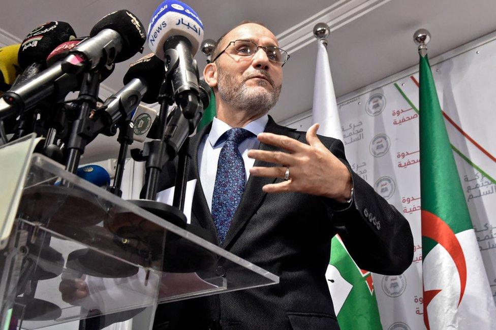 Movement of Society for Peace leader Abderrezak Mokri speaks at a press conference in September 2020.