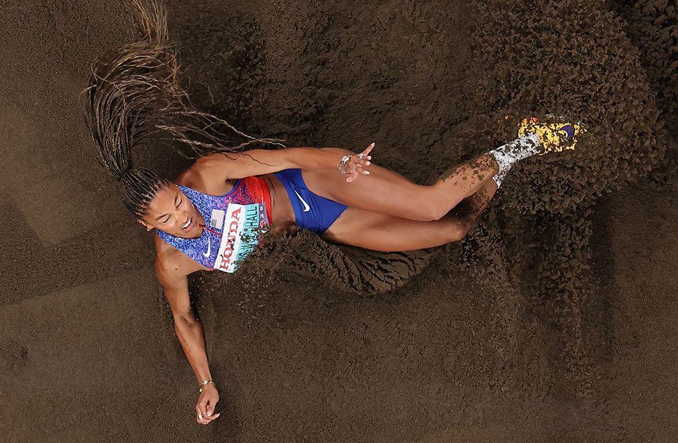 US long jumper Tara Davis-Woodhall competes in the women's final at the World Athletics Championships in Tokyo. Photo by Matthias Hangst