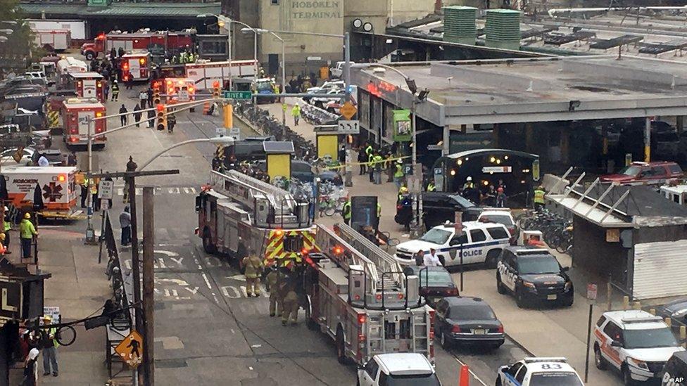 Emergency services arrive at the scene of the crash in Hoboken on 29 September 2016