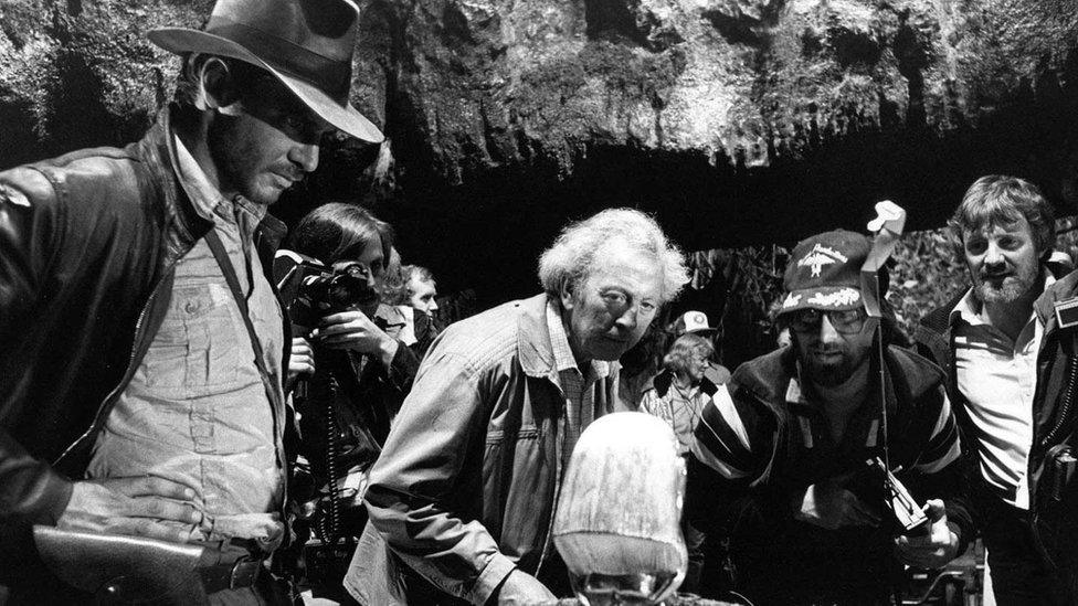 Les Dilley on the set of Raiders of the Lost Ark with Harrison Ford and Steven Spielberg