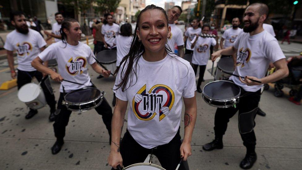 Workers and students participate in a protest against the social and economic policies of Colombia"s President Ivan Duque, in Bogota, Colombia November 19, 2020