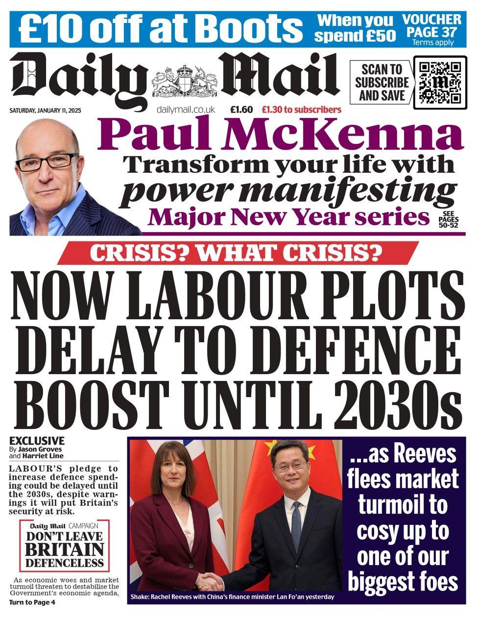 The headline in the Daily Mail reads: Now Labour plots delay to defence boost until 2030s