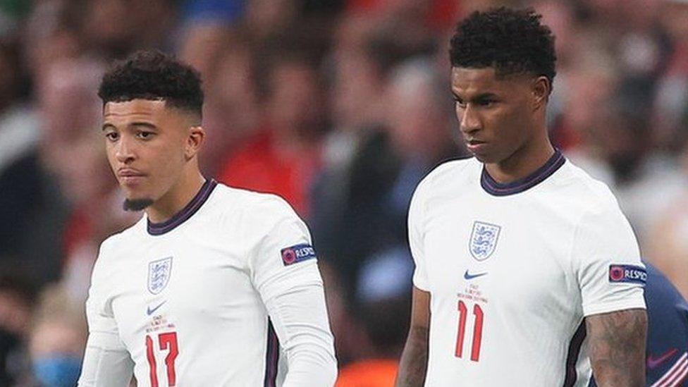 England forward Jadon Sancho (left) and Marcus Rashford (right) prepare to be subbed on during extra time of the Euro 2020 final against Italy