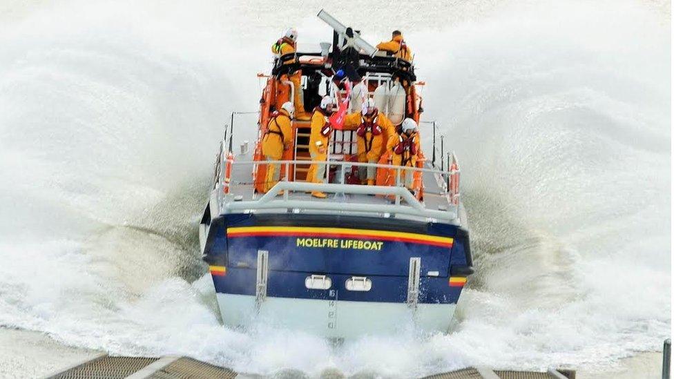 Moelfre Lifeboat Kiwi making a splash on a launch during a training exercise by Sharon Jones-Williams.