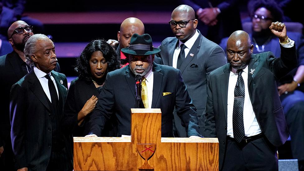 Rodney Wells speaks during the funeral service for his stepson Tyre Nichols at Mississippi Boulevard Christian Church in Memphis, Tenn., on Wednesday, Feb. 1, 2023