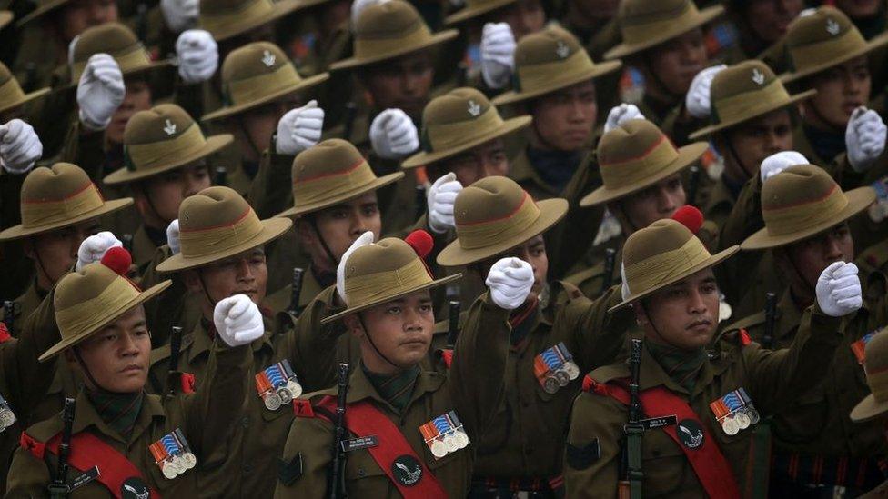 Indian soldiers march past during Indias 74th Republic Day parade in New Delhi on January 26, 2023.