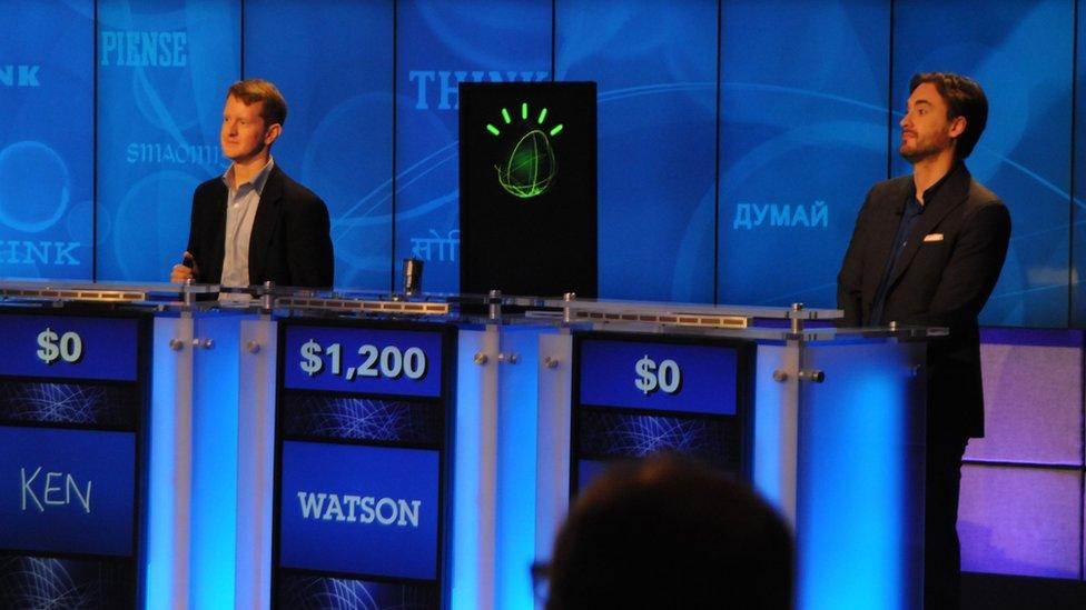 A practice Jeopardy game between IBM's Watson and the two human champion contestants Ken Jennings and Brad Rutter