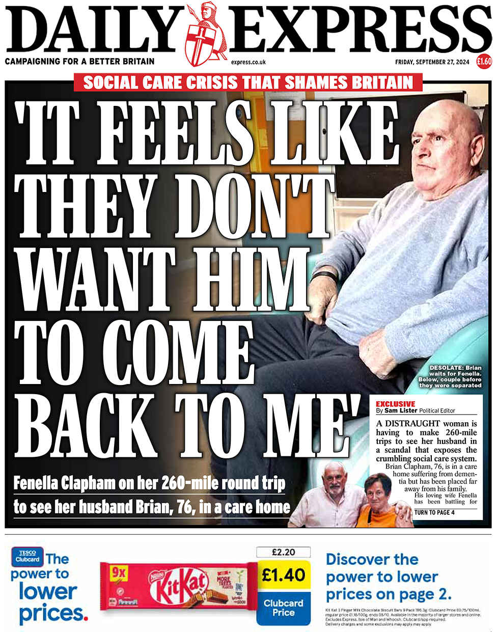 The front page of the Daily Express. The front page reads: 'Social care crisis that shames Britain'.