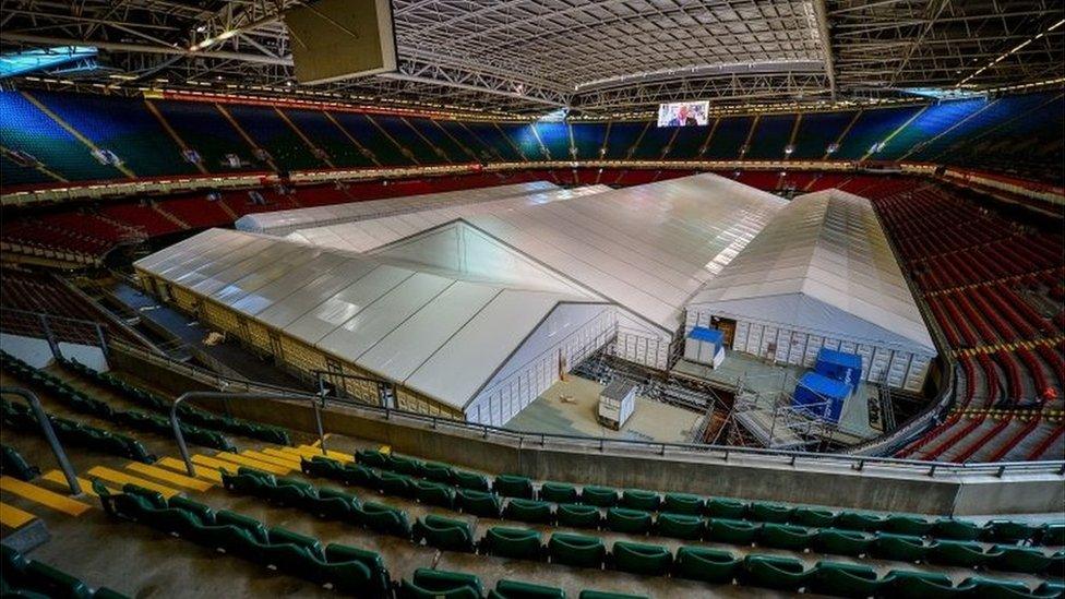 The pitch inside the Principality Stadium in Cardiff makes way for a 1,500-bed field hospital