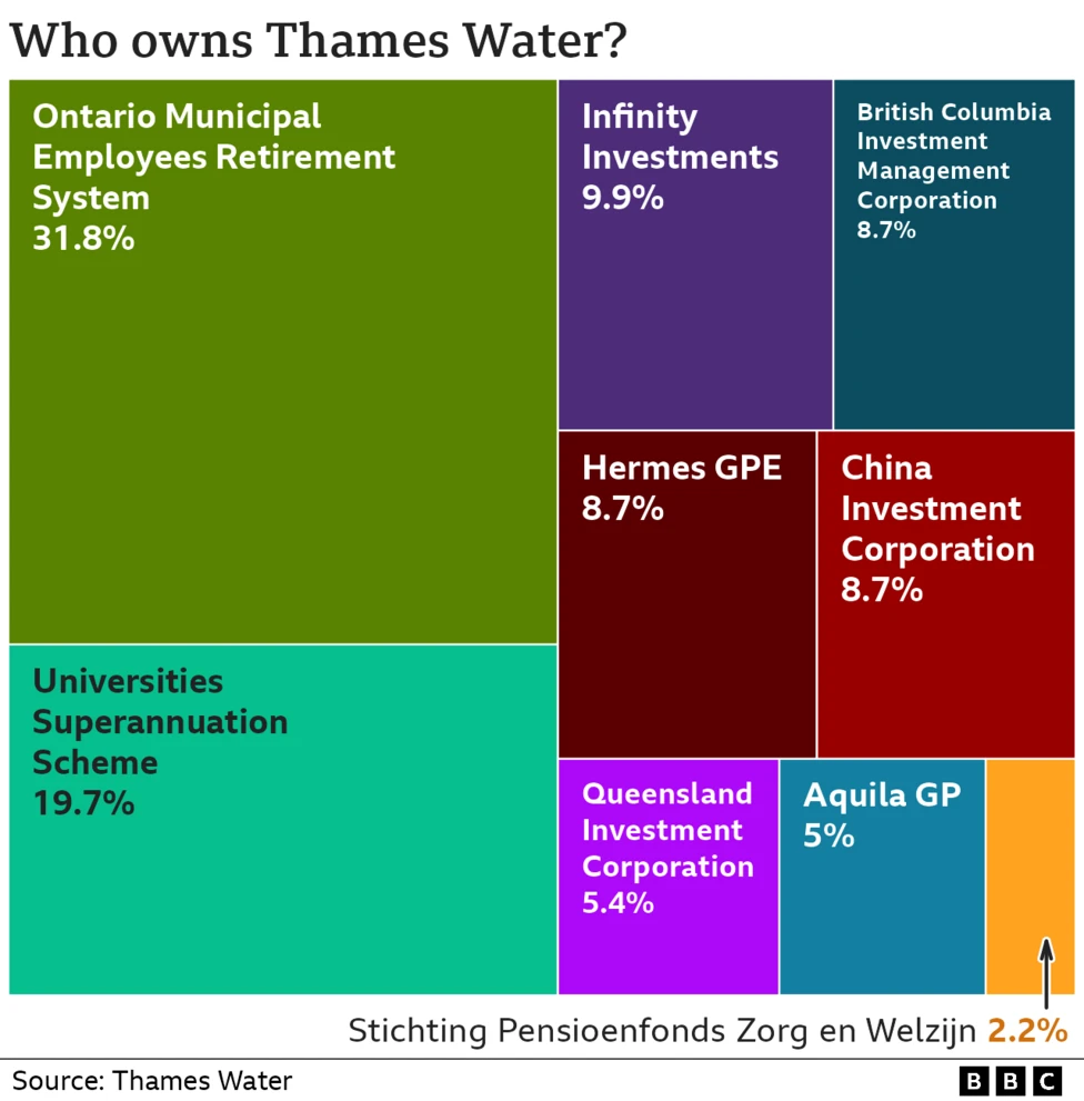 A square split into nine differently shaped and coloured boxes, each representing the owners and their stakes in Thames Water.