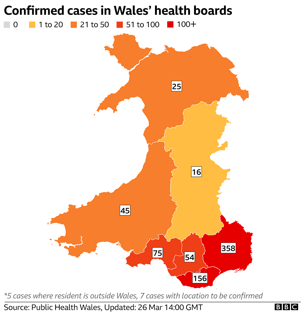 A map showing the number of cases in Wales' different areas