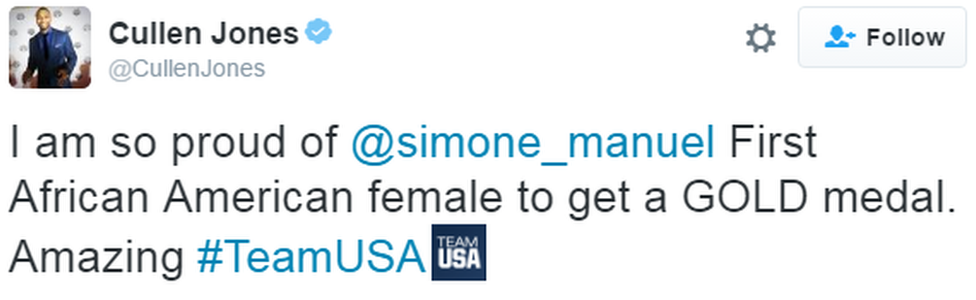 A tweet from Cullen Jones reads: "I am so proud of @simone_manuel First African American female to get a GOLD medal. Amazing #TeamUSA"