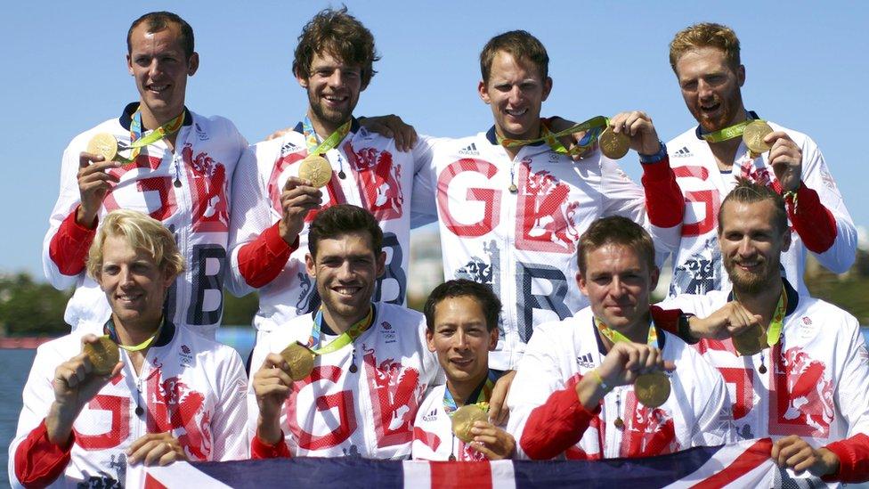 Scott Durant, Tom Ransley, Matt Langridge, William Satch, Andrew Triggs-Hodge, Matthew Gotrel, Pete Reed, and Paul Bennett and Phelan Hill pose with their medals