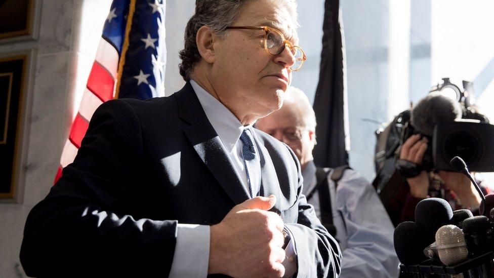 Democratic Senator Al Franken takes questions after making a statement regarding alleged sexual misconduct on Capitol Hill in Washington, 27 November