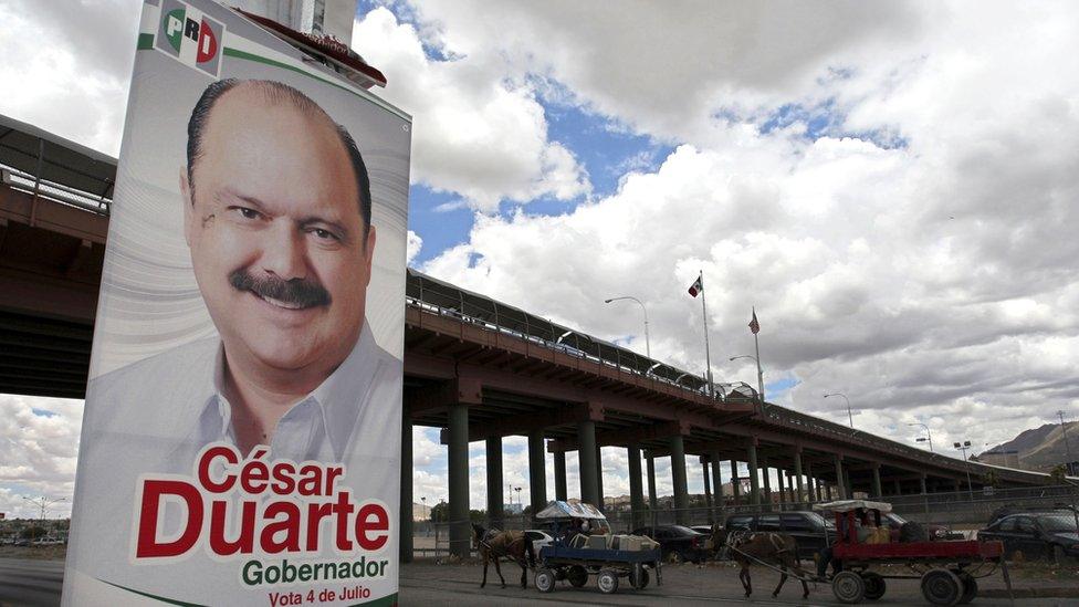 A poster with political propaganda of Chihuahua State Governor candidate, Cesar Duarte from the Institutional Revolutionary Party (PRI) on July 2, 2010, in Ciudad Juarez, Mexico.