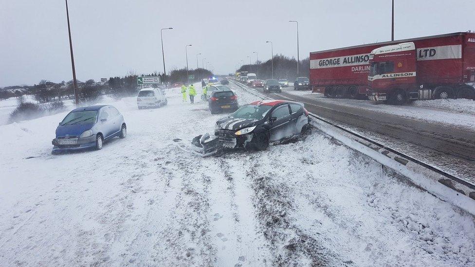 Crashed cars on A19 on Teesside, near Wingate