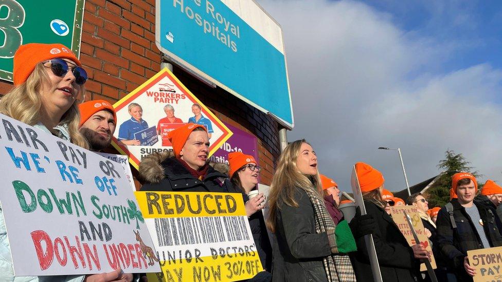 Picket line outside Royal Victoria Hospital in Belfast