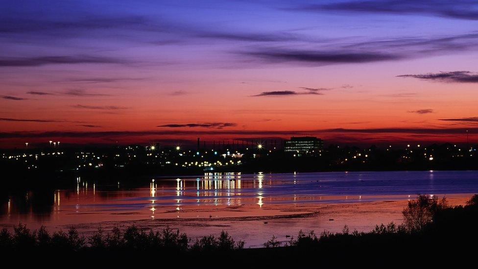 Armagh pictured at sunset from the Craigavon lakes