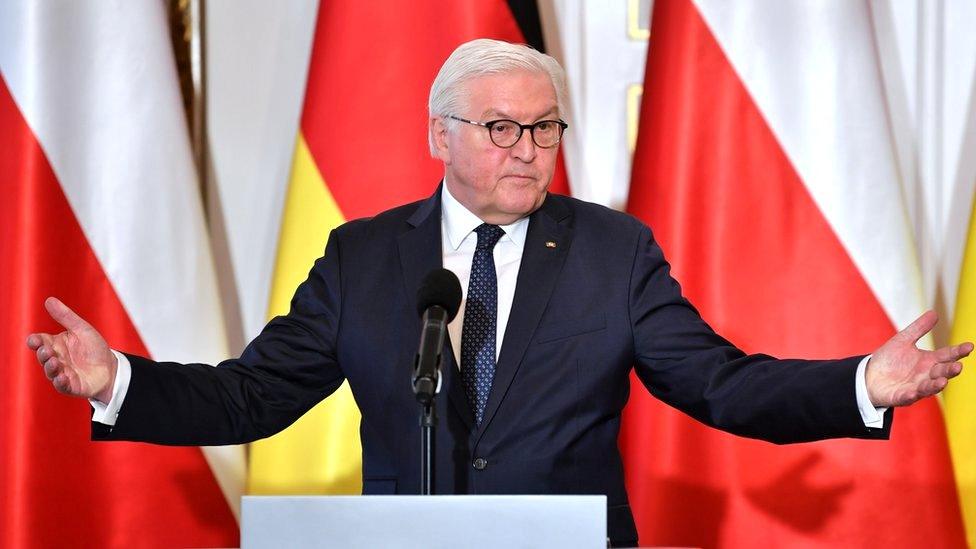 German President Frank-Walter Steinmeier after attending a meeting in Warsaw, Poland, 12 April 2022