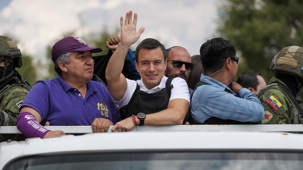 Ecuadorian presidential candidate Daniel Noboa (C), of the National Democratic Action Alliance political movement, drives through the streets of the Ecuadorian capital for the closing of his presidential election campaign in Quito, Ecuador, 11 October 2023.