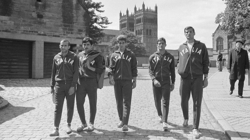 Members of the Italian World Cup squad outside Durham Cathedral during a sightseeing trip, July 1966. (Photo by Central Press/Hulton Archive/Getty Images)