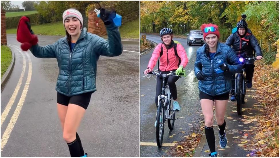 Split image of Megan Wiltshire holding up woolly hats and her running on a road with two cyclists next to her