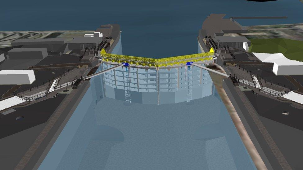 Rendering of the proposed outer lock gates at the entrance to the Port of Tilbury (looking west)