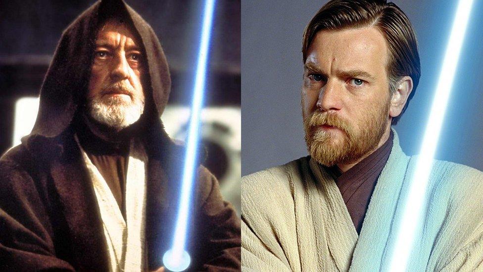 Alec Guinness and Ewan McGregor as Obi-Wan Kenobi.