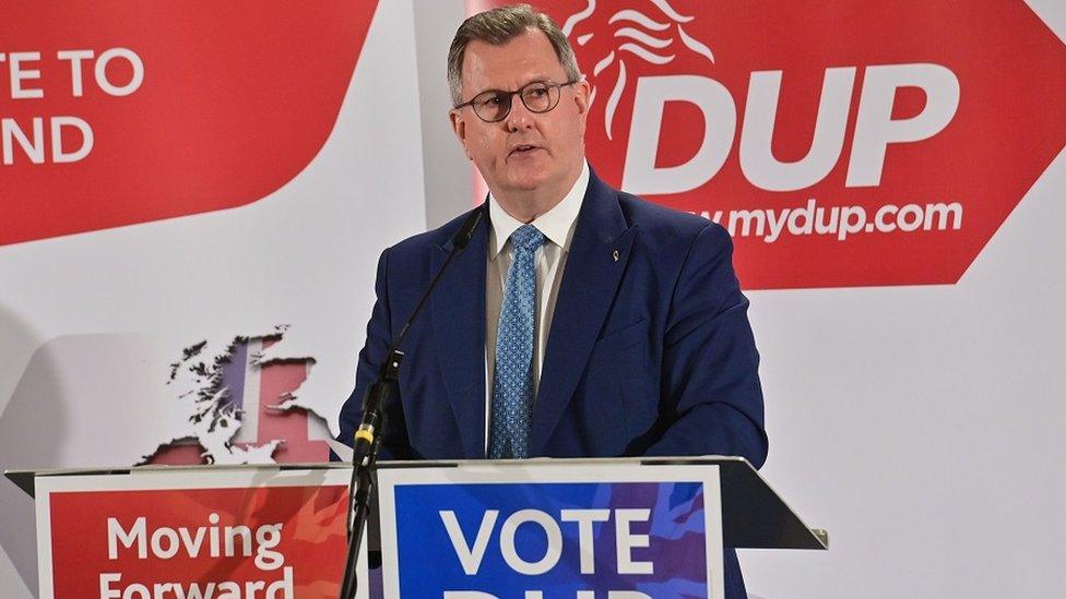 Sir Jeffrey Donaldson speaking at the party's local election manifesto launch