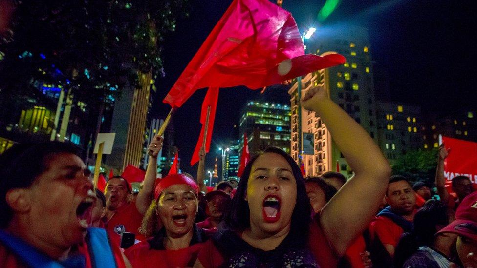 Demonstrators protest against high fuel and cooking gas costs in front of Petrobras oil company headquarters in Sao Paulo, Brazil on May 30, 2018.