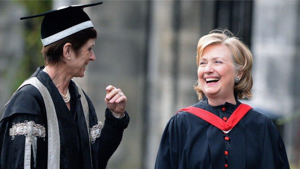 Professor Louise Richardson (l) with Hilary Clinton