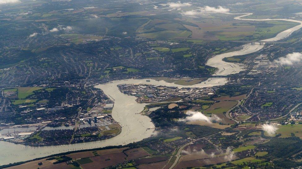 Aerial view of the city of Rochester and the river Medway