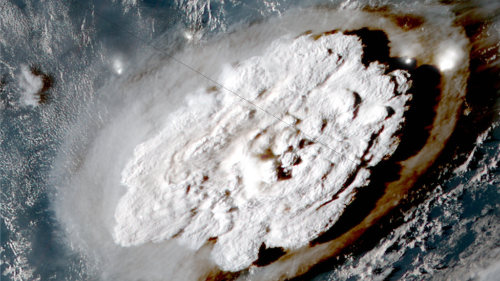 A screengrab from satellite footage showing the moment the explosion breached the sea's surface