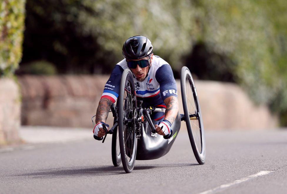 France’s Loic Vergnaud competes in the Men’s H5 Road Race on day nine of the 2023 UCI Cycling World Championships in Dumfries