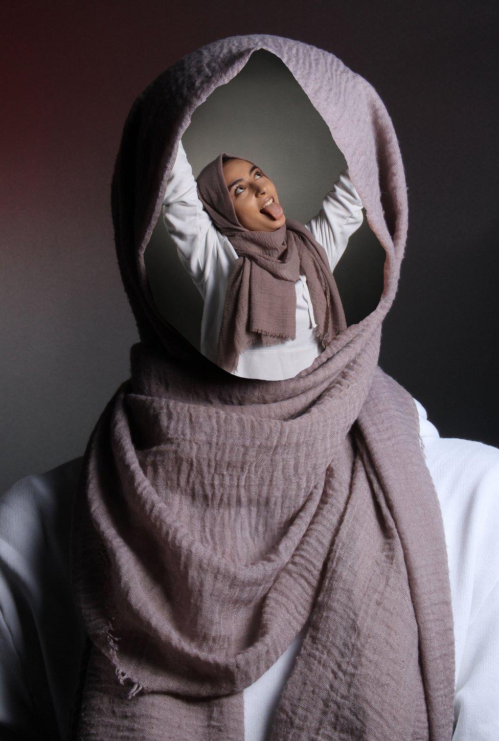 A hijab is used as a frame for a face