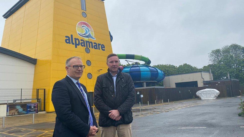 Councillor Gareth Dadd and Flamingo Land boss Gordon Gibb outside the park