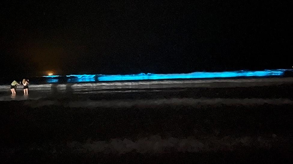 Two women on a beach at night in front of a blue-lit wave