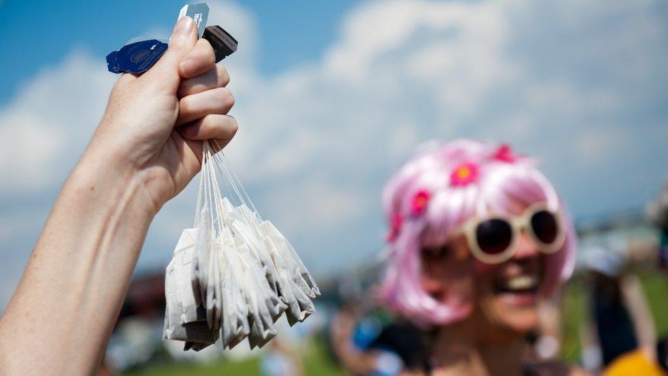 Holding up a handful of teabags