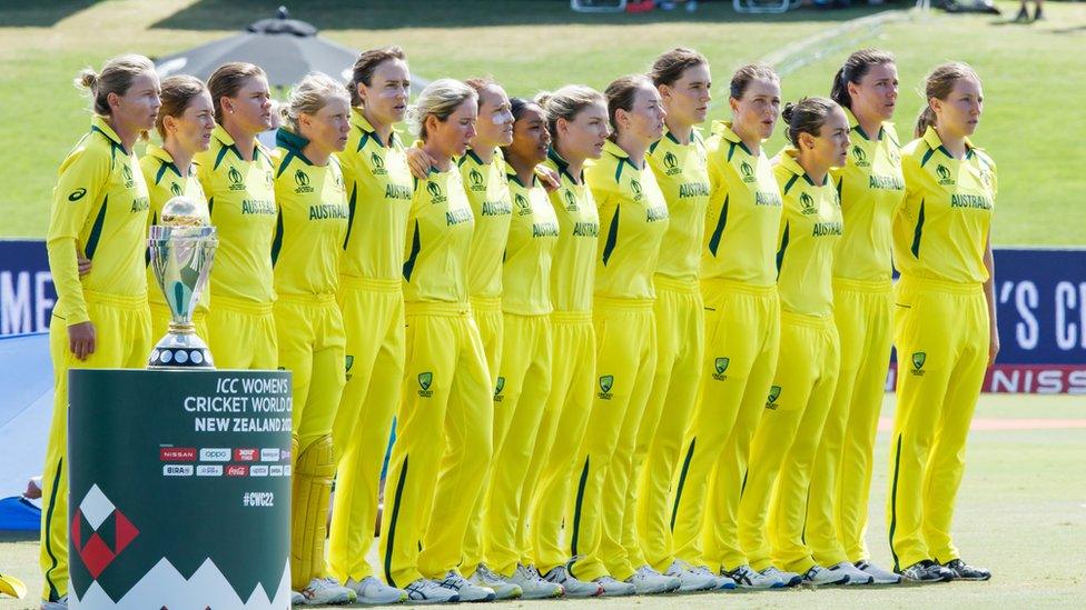 Australia players look on during the national anthem before the ICC Women's Cricket World Cup match between Australia and Pakistan