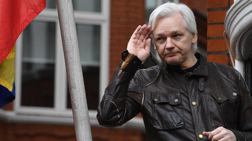 Julian Assange gives a speech at the Ecuadorian Embassy in London. File photo