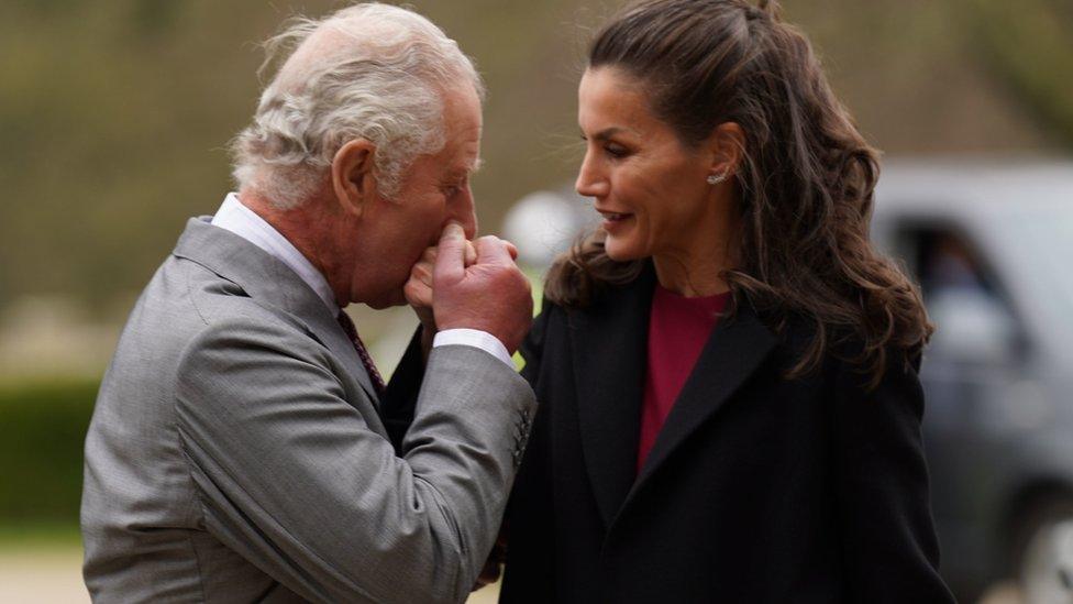 The Prince of Wales greets Queen Letizia of Spain