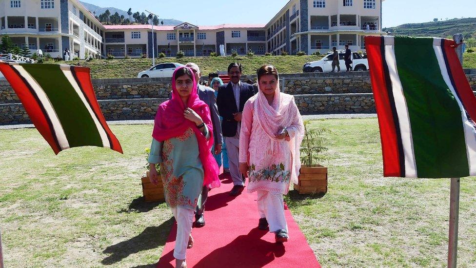 Malala arriving at the all-boys Swat Cadet College Guli Bagh during her visit