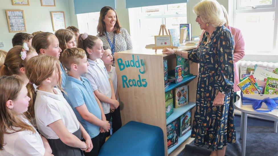 Camilla with school children at Shirehampton primary school