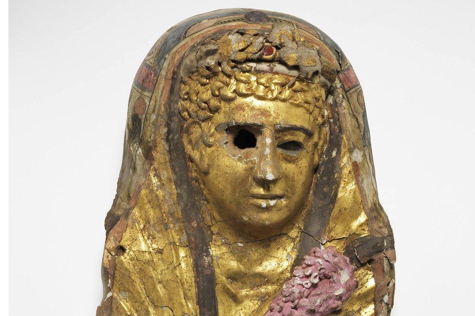 Upper cartonnage mummy head of man, 1 to 100 AD